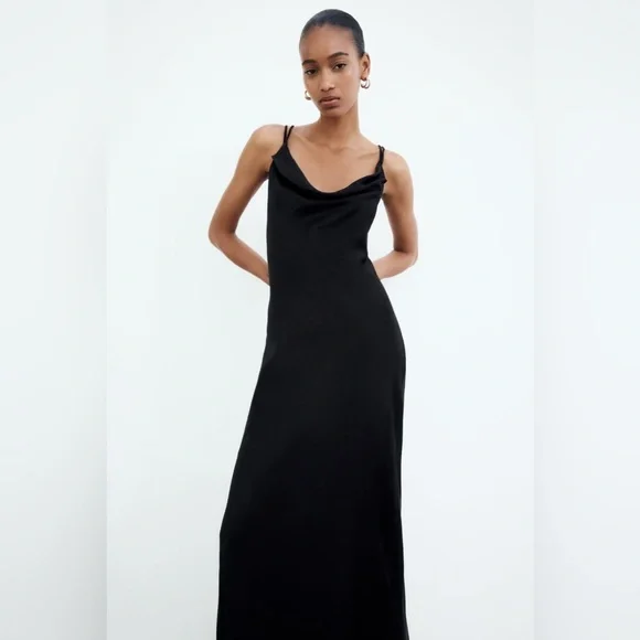 ZARA SATIN MIDI SLIP DRESS Black ZARA SATIN MIDI SLIP DRESS Black